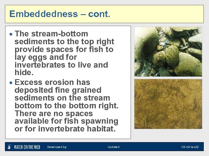 Embeddedness – cont. · The stream-bottom sediments to the top right provide spaces for