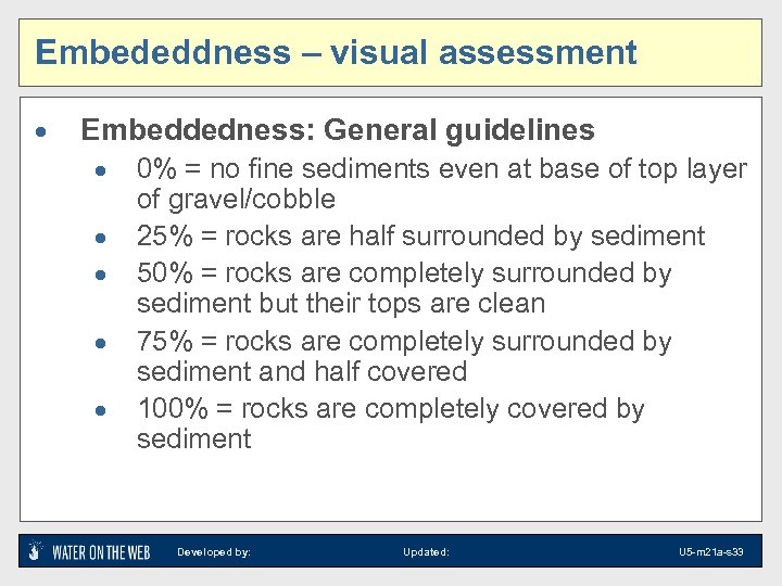 Embededdness – visual assessment · Embeddedness: General guidelines · · · 0% = no