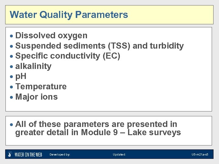 Water Quality Parameters · Dissolved oxygen · Suspended sediments (TSS) and turbidity · Specific