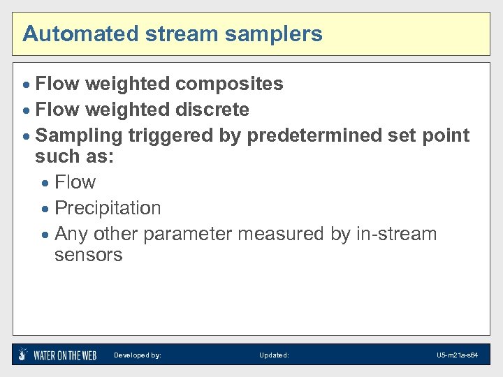 Automated stream samplers · Flow weighted composites · Flow weighted discrete · Sampling triggered