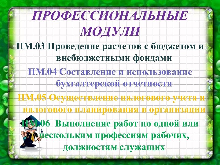 ПРОФЕССИОНАЛЬНЫЕ МОДУЛИ ПМ. 03 Проведение расчетов с бюджетом и внебюджетными фондами ПМ. 04 Составление