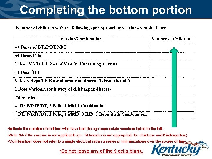 Completing the bottom portion • Indicate the number of children who have had the