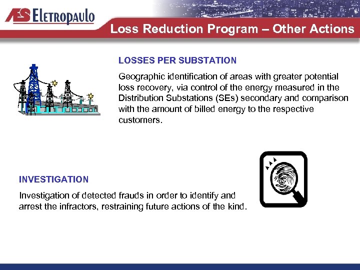 Loss Reduction Program – Other Actions LOSSES PER SUBSTATION Geographic identification of areas with