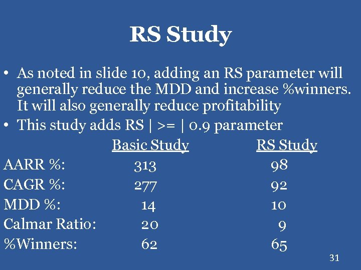 RS Study • As noted in slide 10, adding an RS parameter will generally