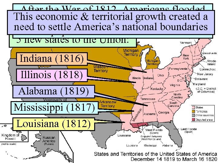 Settlement ofof 1812, Americans flooded After the War the Trans-Mississippi Thisinto the West; territorial