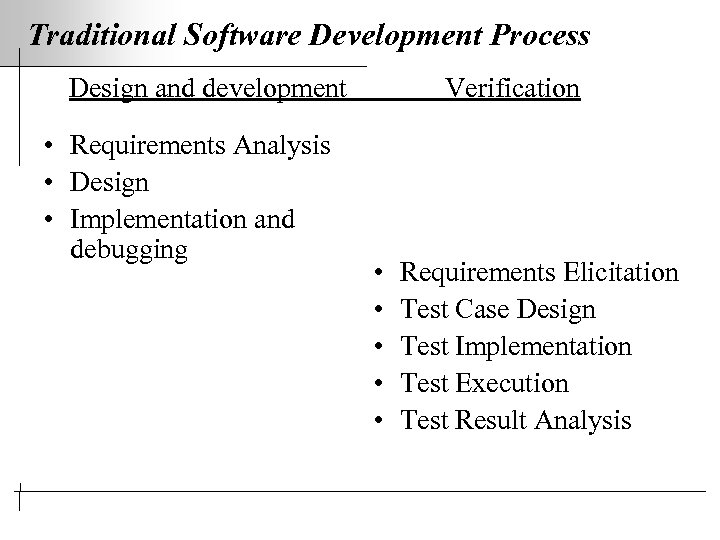 Traditional Software Development Process Design and development • Requirements Analysis • Design • Implementation
