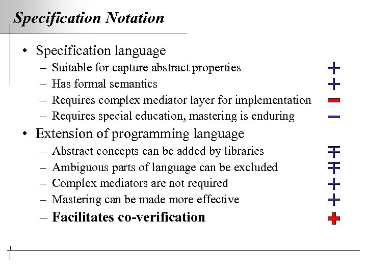 Specification Notation • Specification language – – Suitable for capture abstract properties Has formal