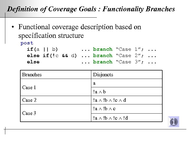 Definition of Coverage Goals : Functionality Branches • Functional coverage description based on specification