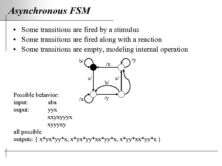 Asynchronous FSM • Some transitions are fired by a stimulus • Some transitions are