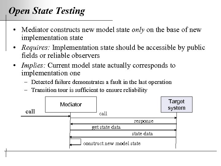 Open State Testing • Mediator constructs new model state only on the base of