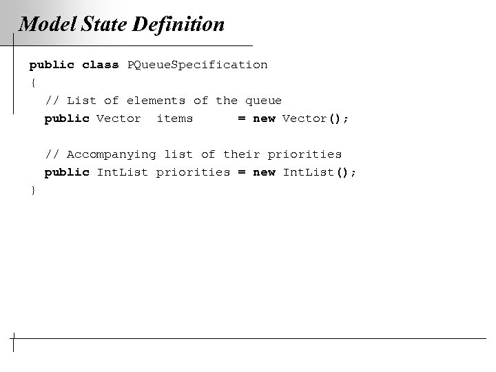 Model State Definition public class PQueue. Specification { // List of elements of the