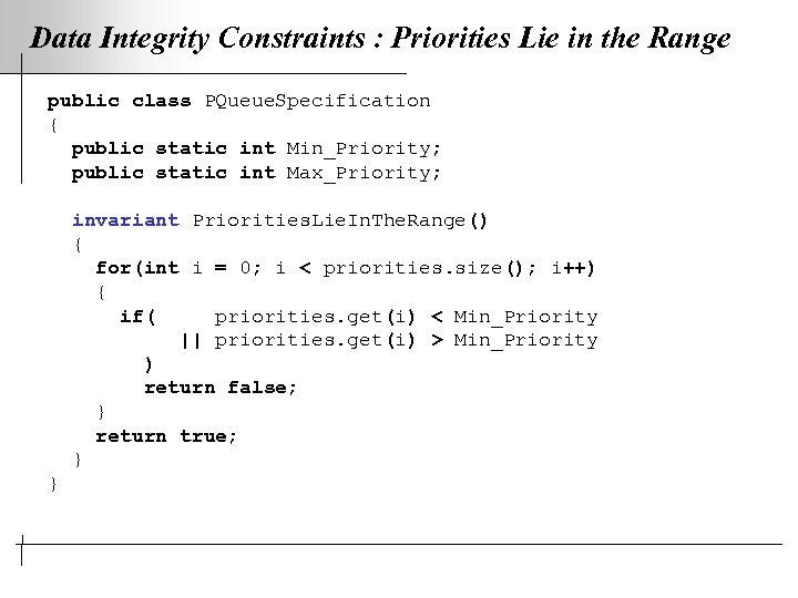 Data Integrity Constraints : Priorities Lie in the Range public class PQueue. Specification {