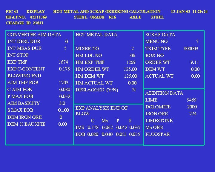 PIC 61 DISPLAY HEAT NO. 02311369 CHARGE ID 23631 HOT METAL AND SCRAP ORDERING