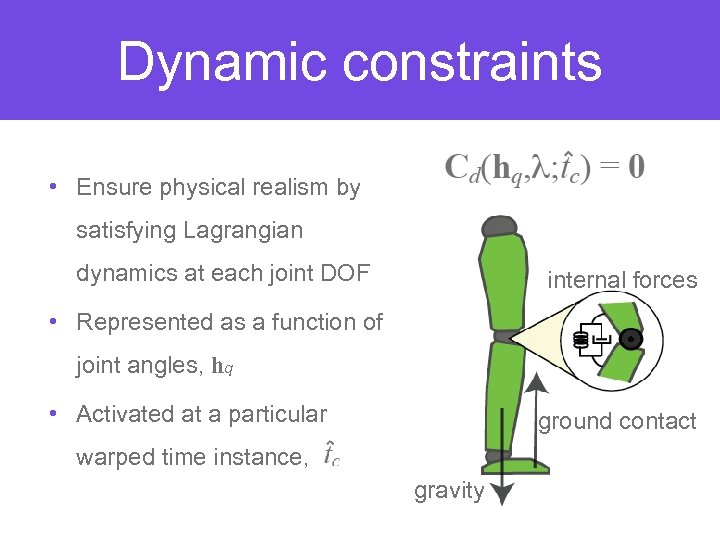 Dynamic constraints • Ensure physical realism by satisfying Lagrangian dynamics at each joint DOF