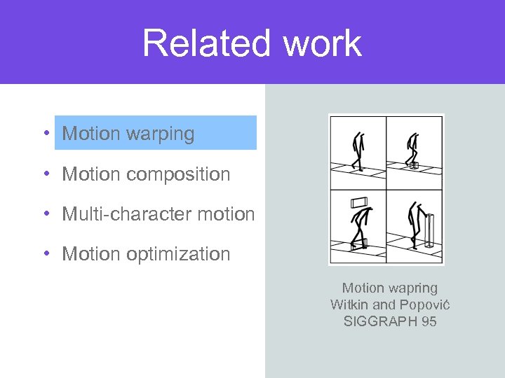 Related work • Motion warping • Motion composition • Multi-character motion • Motion optimization