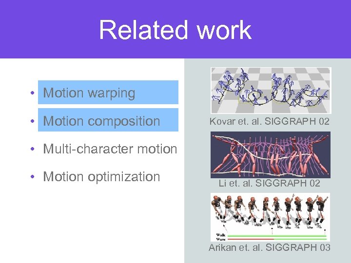 Related work • Motion warping • Motion composition Kovar et. al. SIGGRAPH 02 •