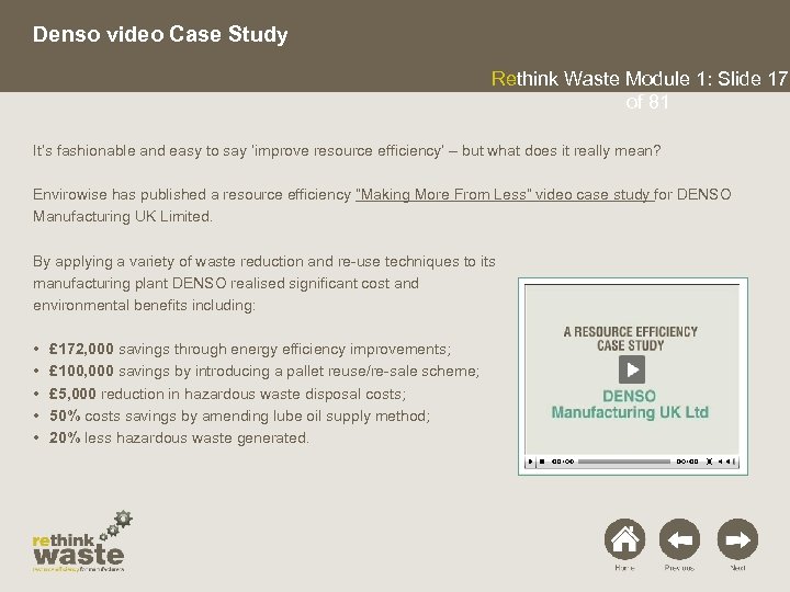 Denso video Case Study Rethink Waste Module 1: Slide 17 of 81 It’s fashionable