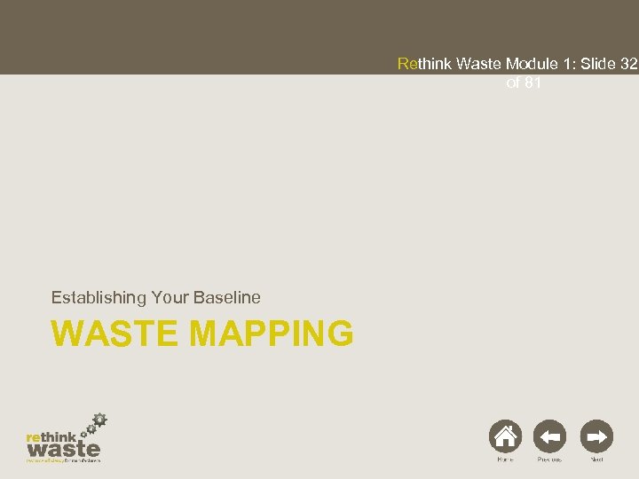 Rethink Waste Module 1: Slide 32 of 81 Establishing Your Baseline WASTE MAPPING 