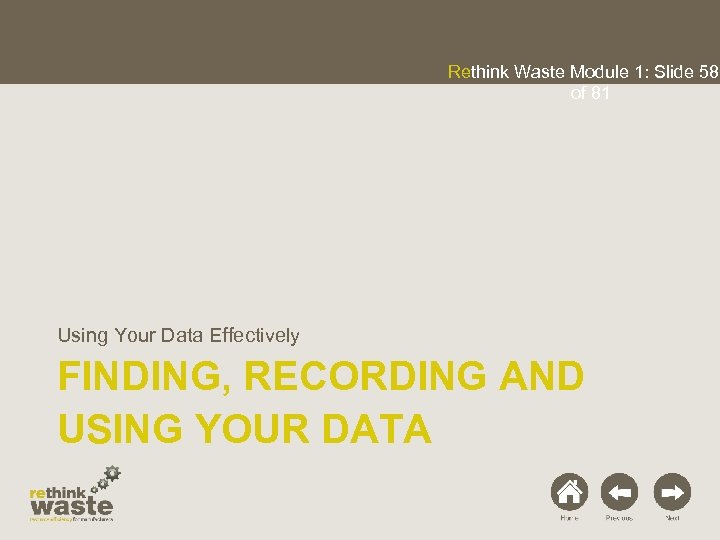 Rethink Waste Module 1: Slide 58 of 81 Using Your Data Effectively FINDING, RECORDING