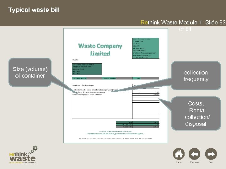 Typical waste bill Rethink Waste Module 1: Slide 63 of 81 Size (volume) of