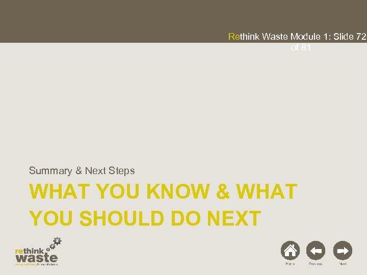 Rethink Waste Module 1: Slide 72 of 81 Summary & Next Steps WHAT YOU