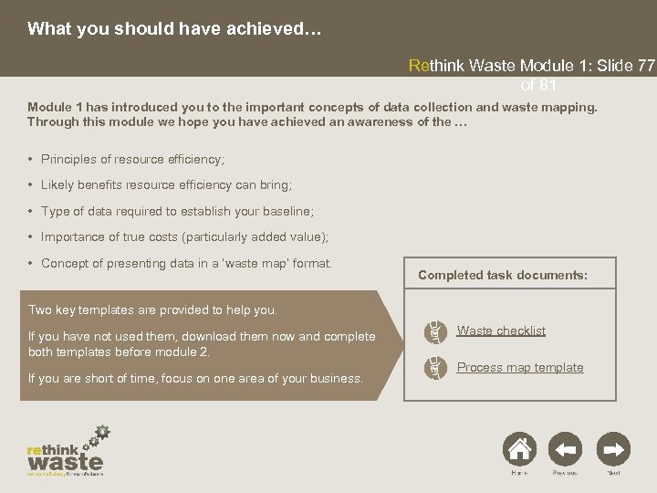 What you should have achieved… Rethink Waste Module 1: Slide 77 of 81 Module