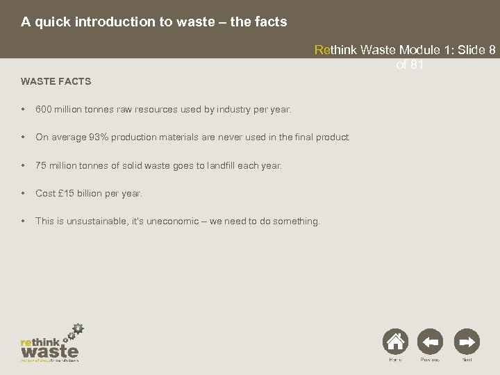 A quick introduction to waste – the facts Rethink Waste Module 1: Slide 8