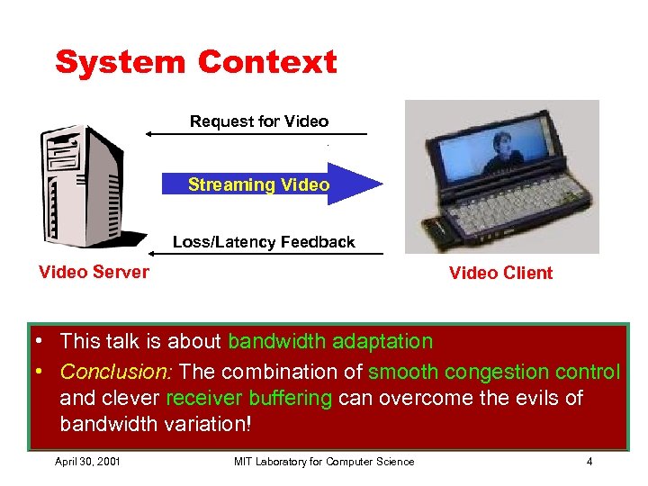 System Context Request for Video Streaming Video Loss/Latency Feedback Video Server Video Client •