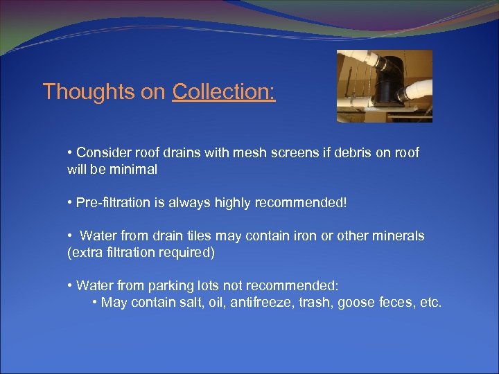 Thoughts on Collection: • Consider roof drains with mesh screens if debris on roof