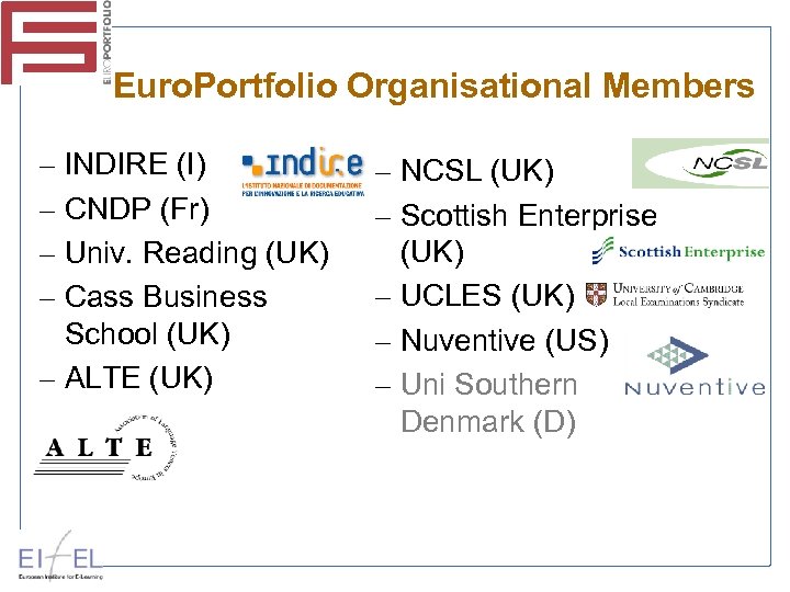Euro. Portfolio Organisational Members – INDIRE (I) – CNDP (Fr) – Univ. Reading (UK)