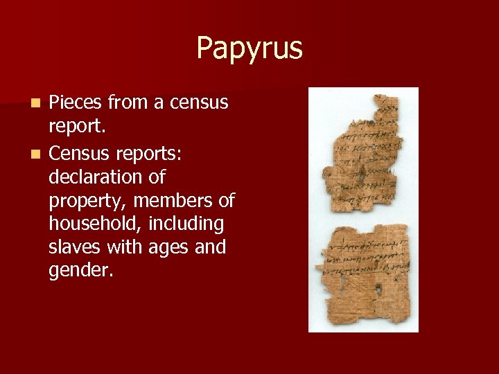 Papyrus Pieces from a census report. n Census reports: declaration of property, members of