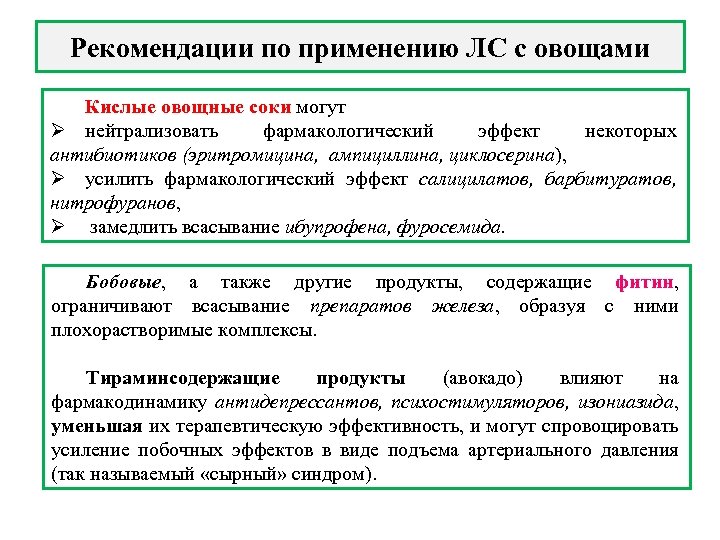 Рекомендации по применению ЛС с овощами Кислые овощные соки могут Ø нейтрализовать фармакологический эффект