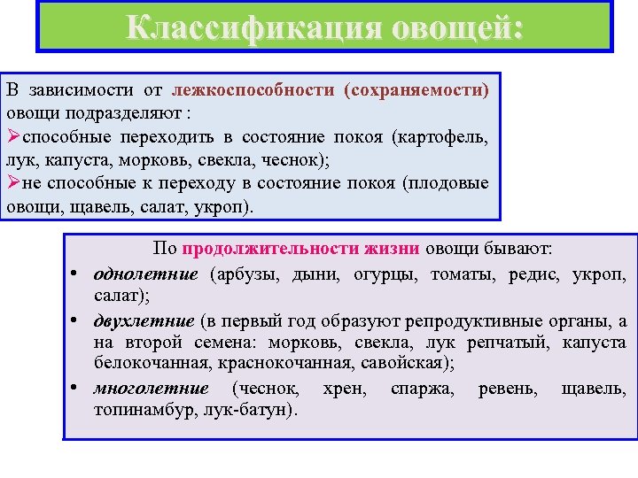 Классификация овощей: В зависимости от лежкоспособности (сохраняемости) овощи подразделяют : Øспособные переходить в состояние