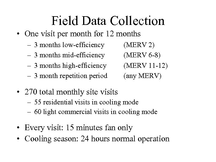 Field Data Collection • One visit per month for 12 months – – 3