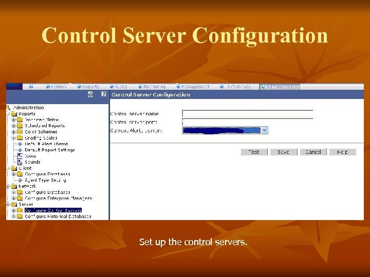 Control Server Configuration Set up the control servers. 