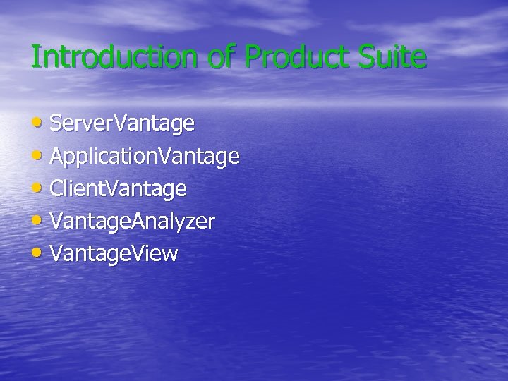 Introduction of Product Suite • Server. Vantage • Application. Vantage • Client. Vantage •
