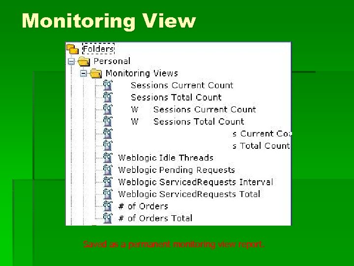 Monitoring View Saved as a permanent monitoring view report. 