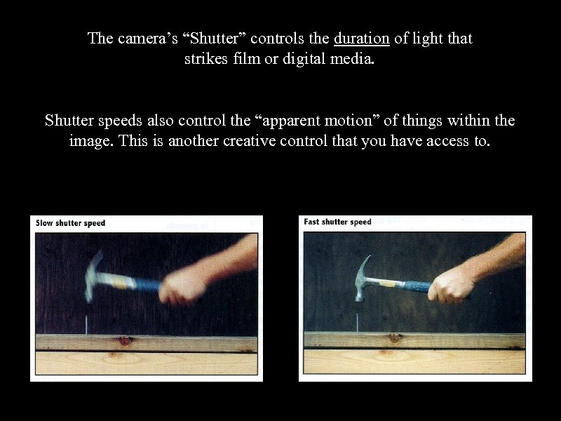 The camera’s “Shutter” controls the duration of light that strikes film or digital media.