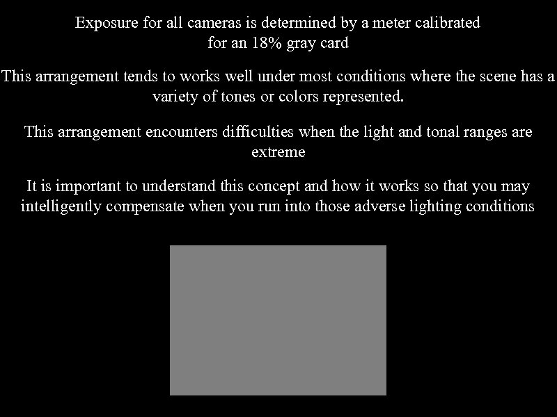 Exposure for all cameras is determined by a meter calibrated for an 18% gray