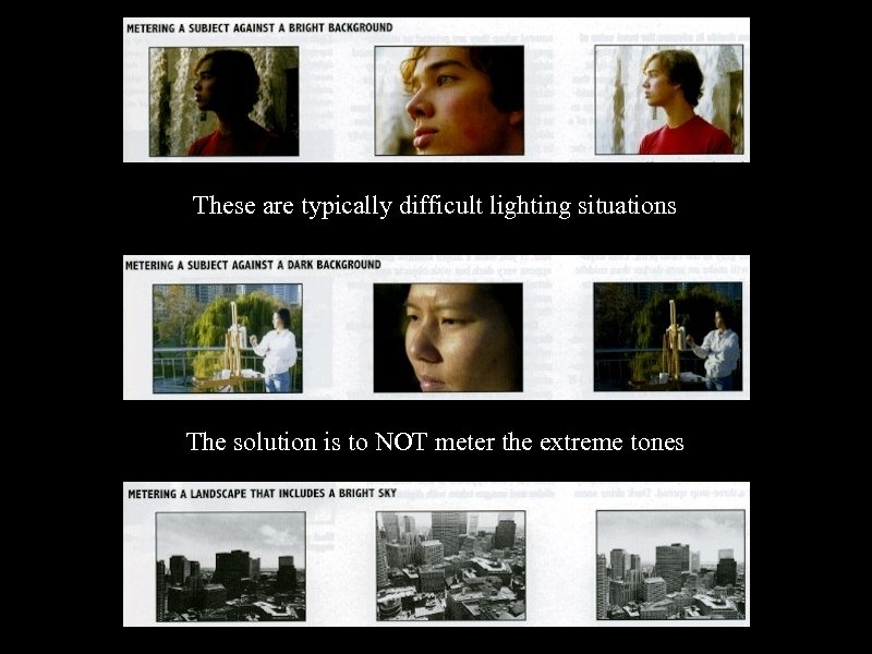 These are typically difficult lighting situations The solution is to NOT meter the extreme