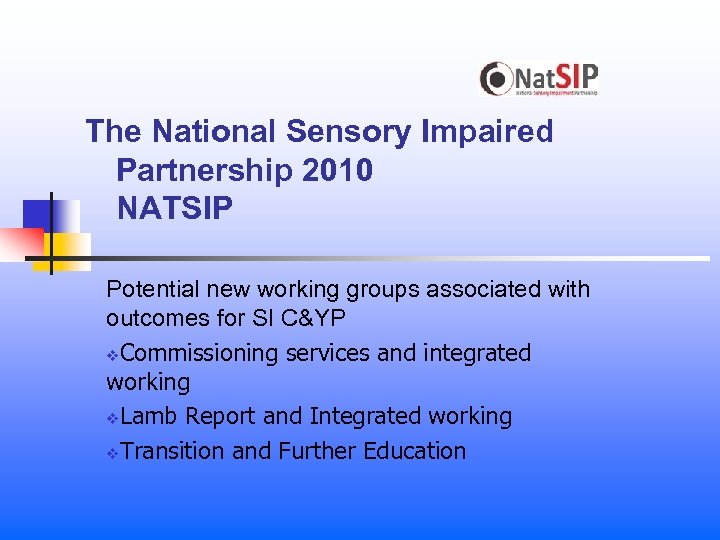 The National Sensory Impaired Partnership 2010 NATSIP Potential new working groups associated with outcomes