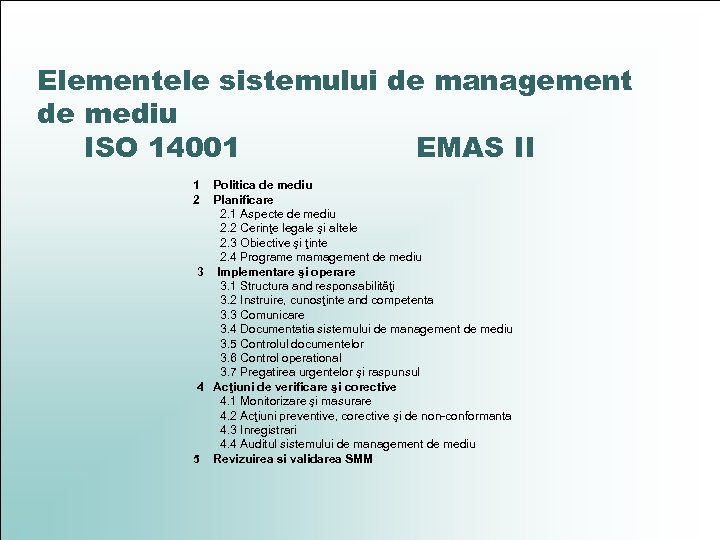 Elementele sistemului de management de mediu ISO 14001 EMAS II 1 Politica de mediu