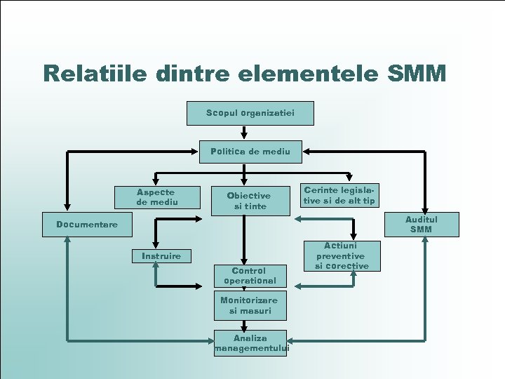 Relatiile dintre elementele SMM Scopul organizatiei Politica de mediu Aspecte de mediu Obiective si