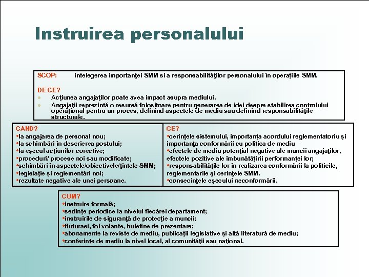 Instruirea personalului SCOP: intelegerea importanţei SMM si a responsabilităţilor personalului în operaţiile SMM. DE