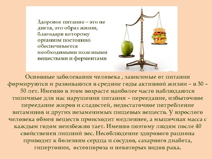 Основные заболевания человека , зависимые от питания формируются и развиваются в средние годы активной