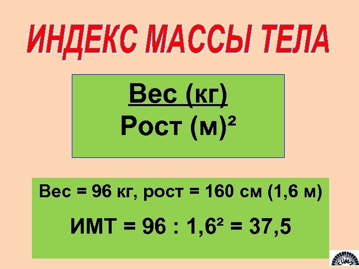 Вес (кг) Рост (м)² Вес = 96 кг, рост = 160 см (1, 6
