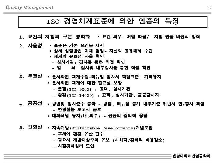 Quality Management 32 ISO 경영체계표준에 의한 인증의 특징 1. 요건과 지침의 구분 명확화 2.