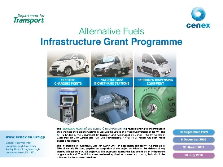 The Alternative Fuels Infrastructure Grant Programme provides funding for the installation of re-charging or