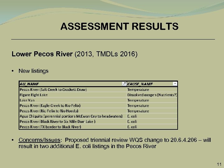 ASSESSMENT RESULTS Lower Pecos River (2013, TMDLs 2016) • New listings • Concerns/Issues: Proposed