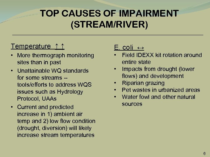 TOP CAUSES OF IMPAIRMENT (STREAM/RIVER) Temperature ↑ ↑ E. coli ↔ • More thermograph